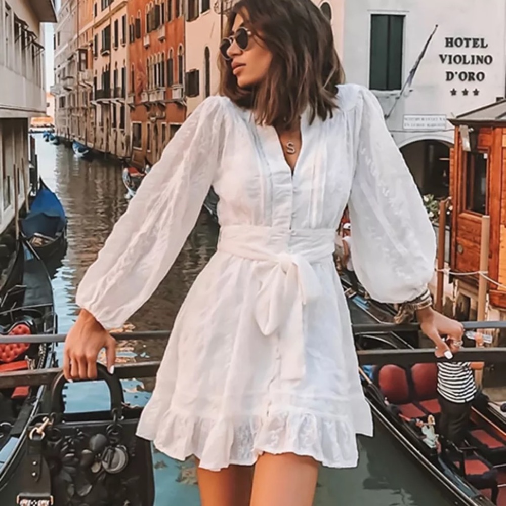 SOLD OUT White Button Up Ruffle Embroidered Floral Dress - Picture 4 of 12
